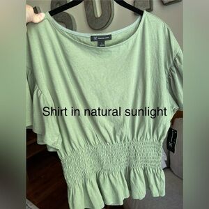 INC women’s sz large blouse, agave plant/moss green color, ruffle sleeves, NWT